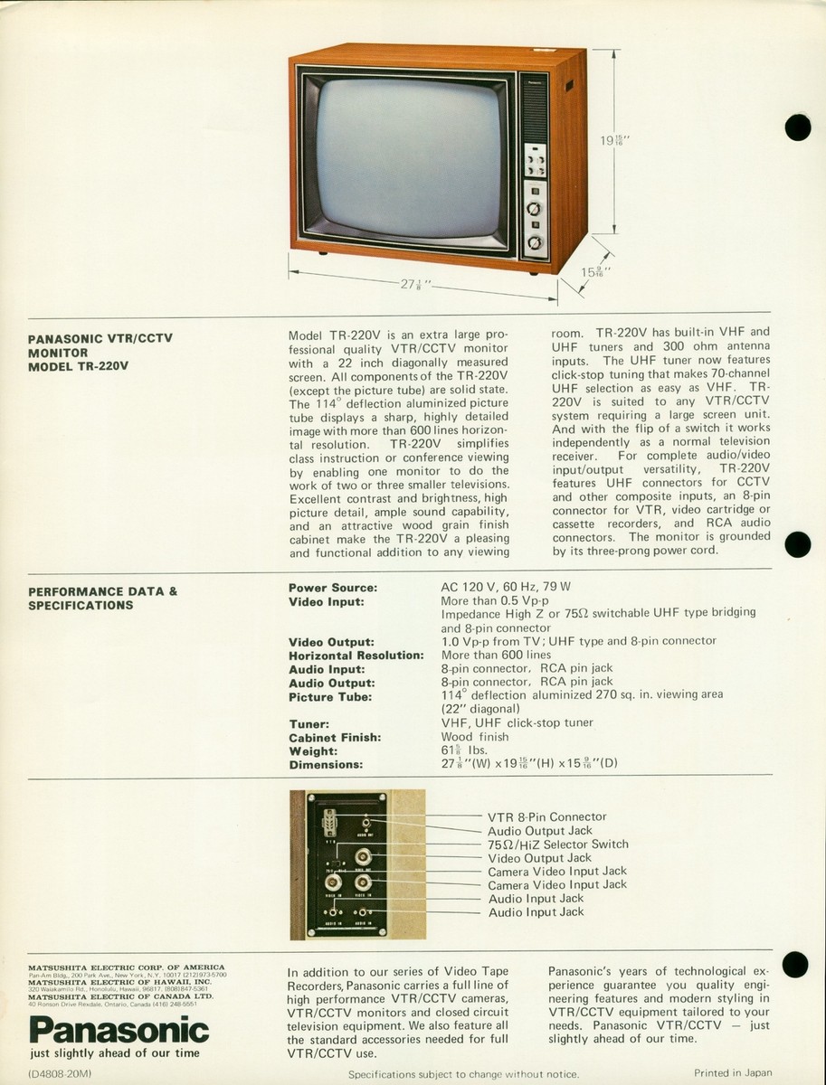 c1970 Panasonic TR-220V CCTV Monitor BW Vintage Security TV Dealer
