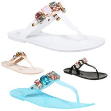 NEW LADIES JELLY FLIP FLOPS WOMEN SUMMER BEACH DIAMANTE TOE POST FLAT SANDALS
