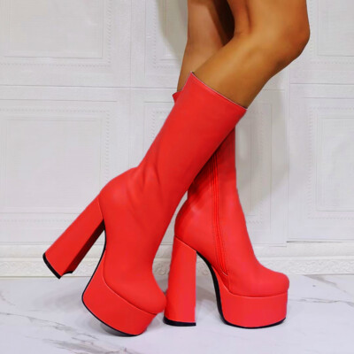 Women Mid-Calf Boots Round Toe Platform High Heels Boots Zip Casual Shoes  Woman