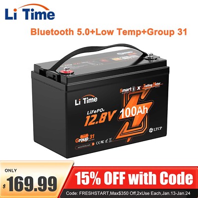 LiTime 12V 100Ah Group 31 Bluetooth LiFePO4 Lithium Battery Low-Temp Protection