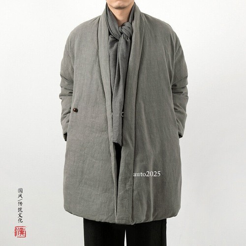 Retro Winter New Chinese Style Cotton Linen Jacket Mens Hanfu Cotton Warm Jacket - Picture 6 of 27
