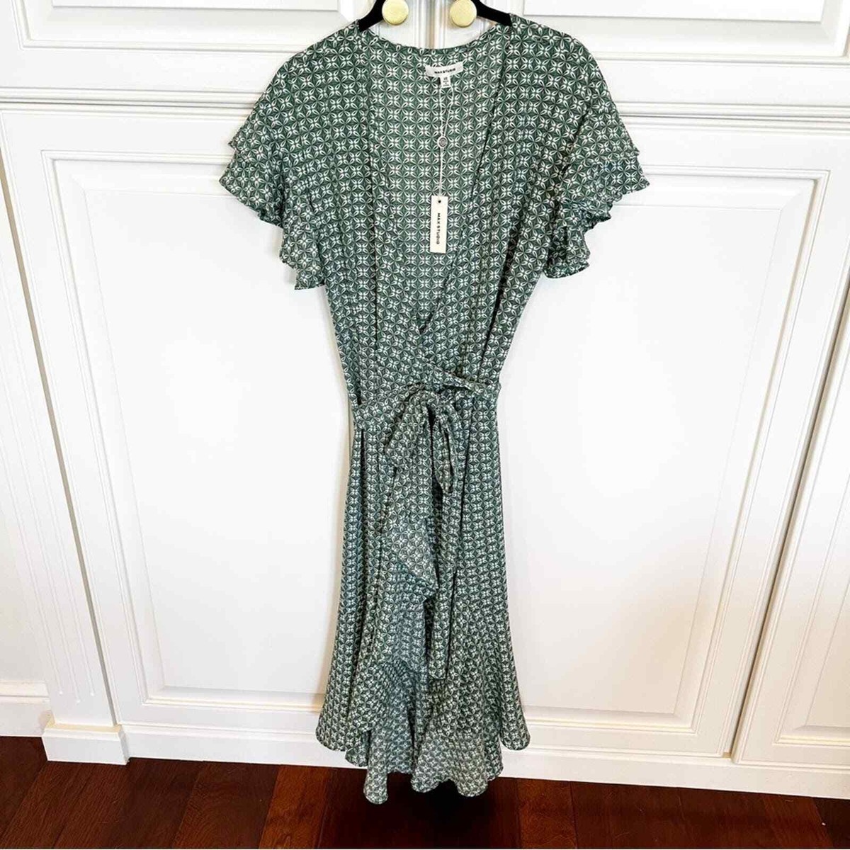 max studio green wrap dress Women’s NWT Patterned Ruffle Belted Midi High Low XS Black Bridesmaids Dresses & Gowns