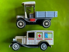 Two, old Tin Japanese Toy Trucks;  Bandai Ambulance, SSS Flat Bed Truck; 6.5"