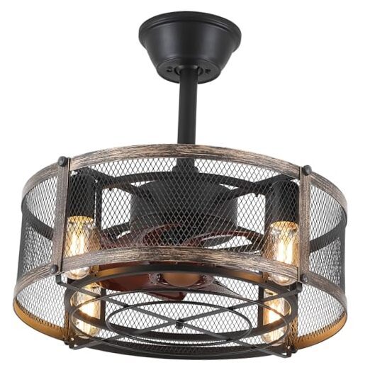 Caged Ceiling Fans with Lights, 18 Inch Modern Industrial Outdoor Black/gold