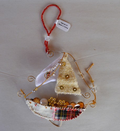 Sailboat Christmas Ornament Made w Fabric Wire Sequins & Beads Red Black Gold - Picture 8 of 12