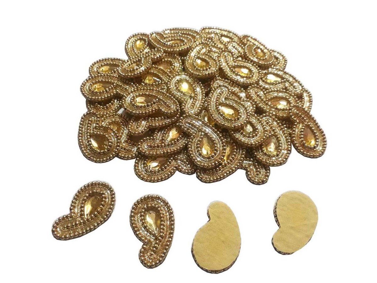 15 PCS Indian Golden Beaded Handcrafted Paisley Dress Patch Decorative  Appliques