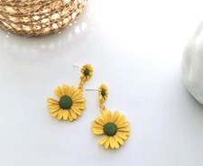 Daisy flower earring drop dangle matte painted yellow floral stud