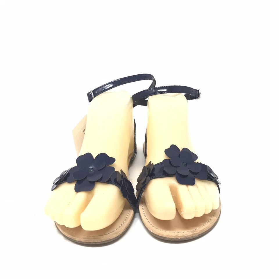 Sandálias sociais GYMBOREE azul marinho floral patenteado meninas jovens tamanho 1 biqueira aberta plana - Imagem 2 de 4