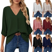 Women's Casual V-Neck Chiffon Blouse Shirts Long Sleeve Button Tunic Tops Shirt