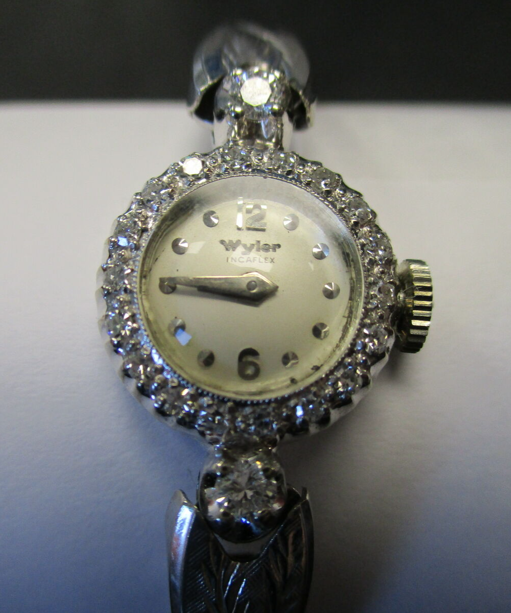 WYLER INCAFLEX VINTAGE LADIES 14K WHITE GOLD & DIAMONDS  display picture 2