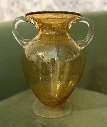 Murano Amber Vintage Hand Blown Bulbous Bubble Glass Vase Italy Yellow 9.5" Tall