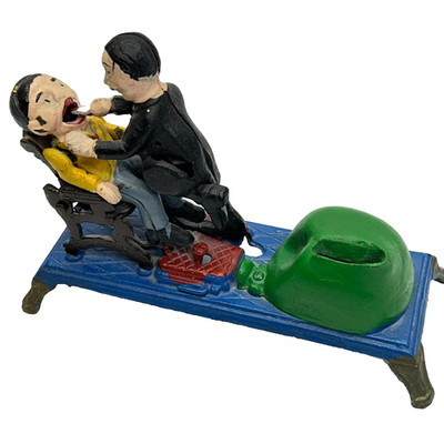 Cast Iron Dentist Pulling Teeth Mechanical Bank Hand Painted Reproduction 