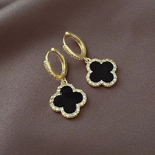14K Gold Plated Four Leaf Clover Huggie Dangle Earrings Black Women Gift