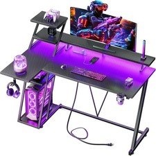 55 Inch Black Gaming Desk with LED Lights  Power Outlet, Gaming Computer Desk