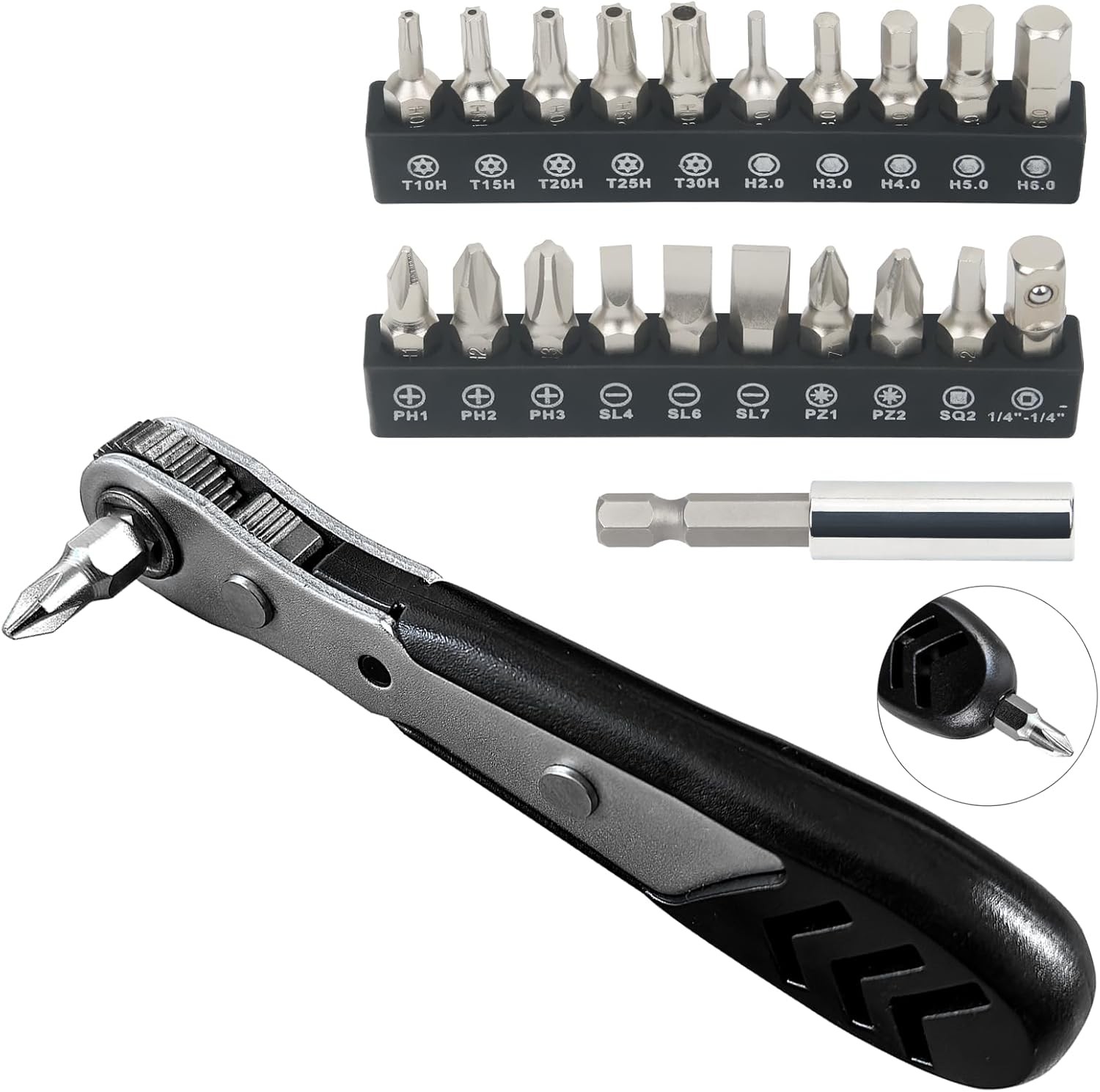 STREBITO 22-Piece Mini Ratchet Set with 1/4 Right Angle Driver and 22 Bits