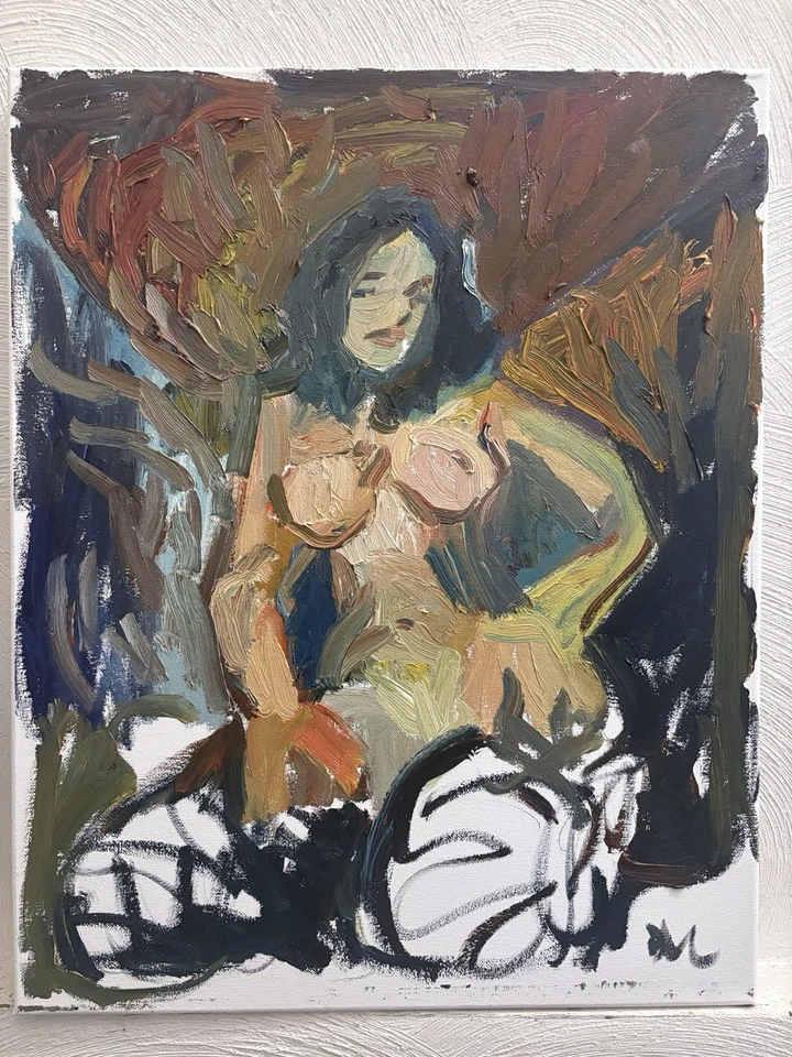 Pintura al óleo retrato niña tocador interior 16"x20" lienzo original firmado BVC Foto 2 de 3