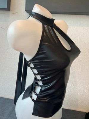 Party Top black Wett-Look Lack Optik sexy Club Metall Ringe