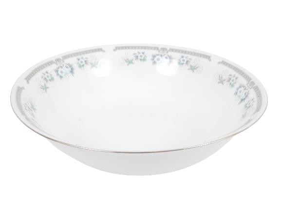 Tazón De Verduras Regent China RGT9 9" Flores Blancas Banda Gris Ribete Plateado