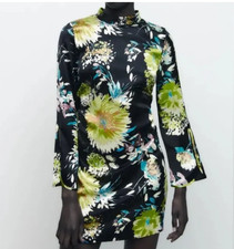 Zara Women's Black Floral Print Pleated Long Sleeve Mini Dress, Size S