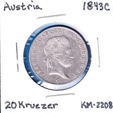 1843C Austria 20 Kreuzer (KM-2208) .1252 ASW Silver!! [Ferdinand I]  Prague Mint
