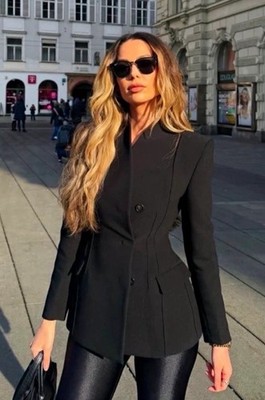 Zara Womens Black Solid Slim Fit Blazer Jacket Long Sleeve Button Pockets M