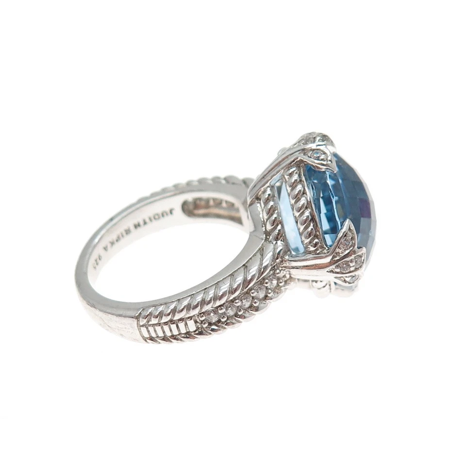 Anillo Judith Ripka Plata de Ley 925 Real Corte Redondo Topacio Azul y C Z Talla 7.25 Foto 4 de 4