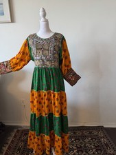 Vintage Afghan Kuchi Handmade Mirror Embroidered Maxi Dress Boho Festival XL