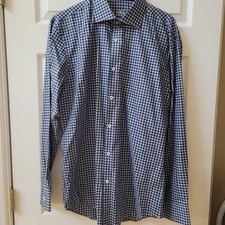 Bugatchi Uomo Button Up Shirt Men 16 34/35 Blue Check Long Sleeve 100  Cotton