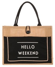 Hello Weekend Tote Handbag Burlap Gift Idea