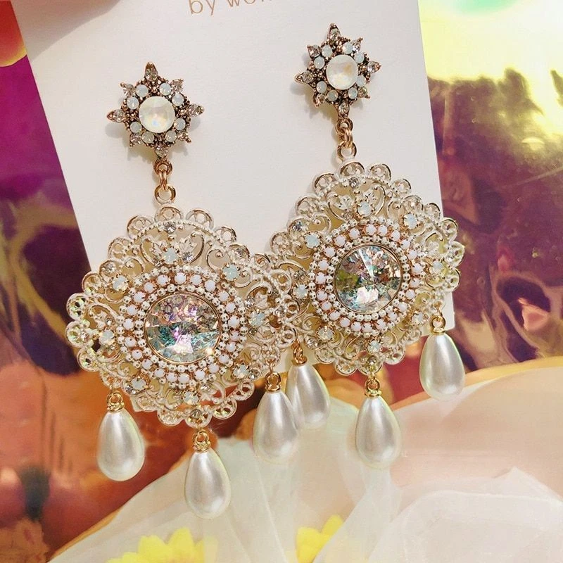 Square Crystal Drop Earrings White Simulated Pearl Earring Women