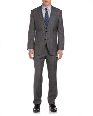 Hugo Boss The Grand / Central Windowpane Plaid Two Button Wool Suit Grey Sz 38 R