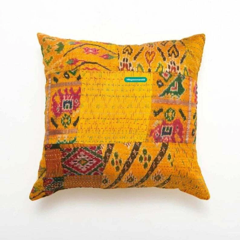 New Silk Patola Kantha Quilt Indian Patchwork Bedspread Twin/ King Throw Yellow - Image 3 of 4