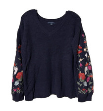 American Eagle Outfitters Floral Ribbed Knit V-Neck Long Sleeve Sweater Size S