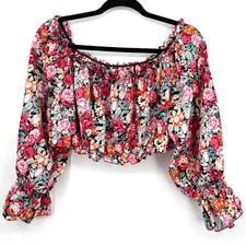 Off-Shoulder Neckline Cropped Top Women's 2XL Multicolor Floral Boho Chic Flowy