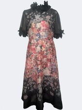 Women’s Floral Printed Midi Dress 3D Floral Appliqué Detail UK 12