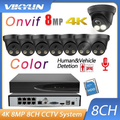 Vikylin 4K 8MP 8CH 8POE NVR Full Color IP Camera Mic Security System Black Lot