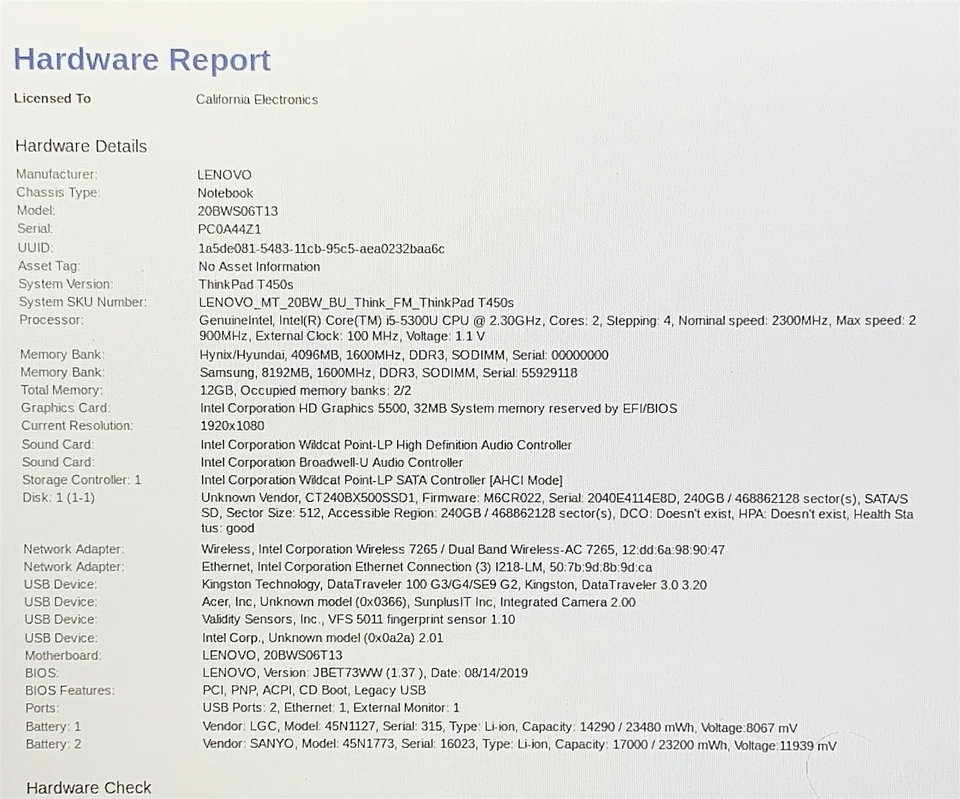Lenovo ThinkPad T450s Laptop i5 5300U 2.30GHZ 14" FHD 12GB 240GB SSD Windows 10 - Image 2 of 4