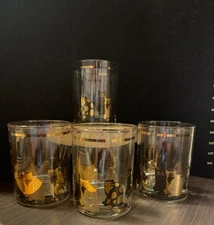 Georges Briard Vintage Cat Low Ball Cocktail Glasses Gold White with Box