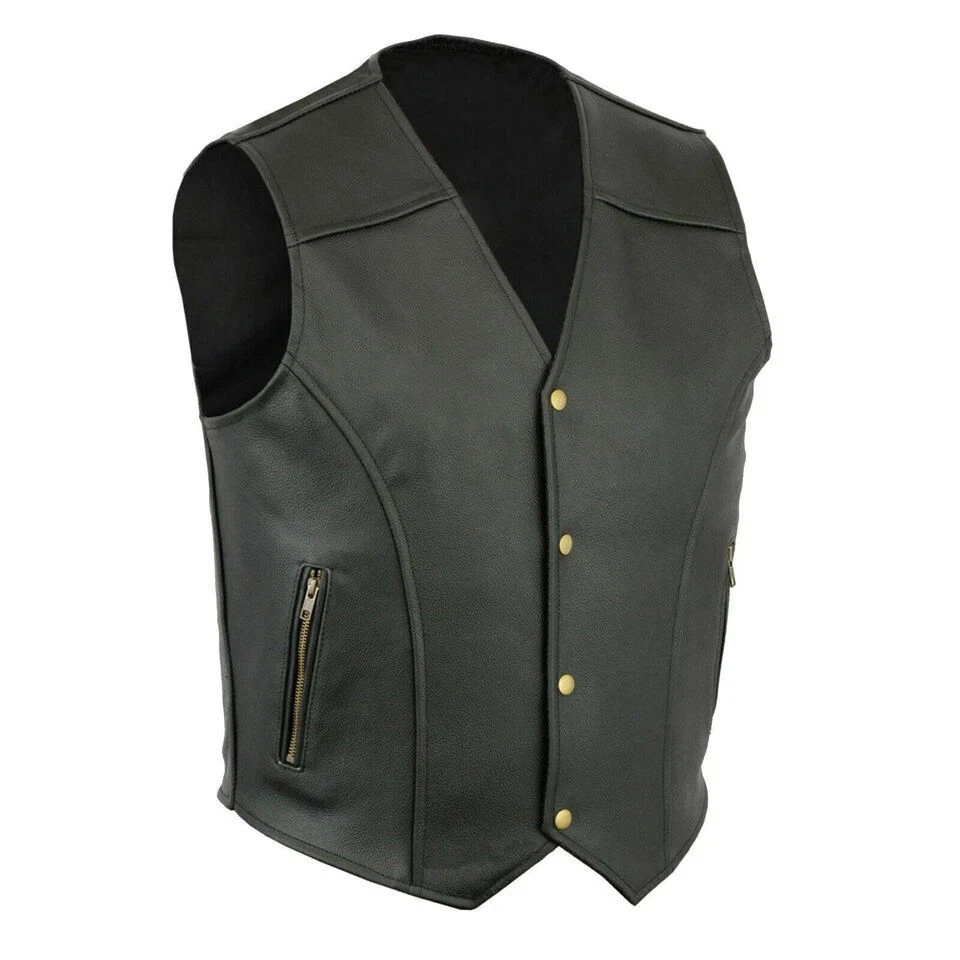 Men's Classic Black Premium Leather Motorcycle Fashion Club Vest Biker Waistcoat