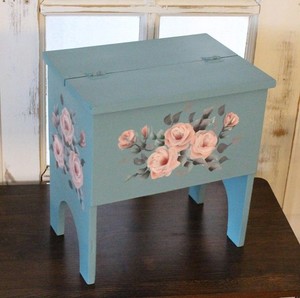 Vintage,Antique,Shabby Chic Hand Painted Roses,Teal,Box,Storage,Plant Stand