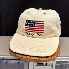 Vintage Polo Ralph Lauren USA Flag Spell Out Tan Strapback Hat Cap