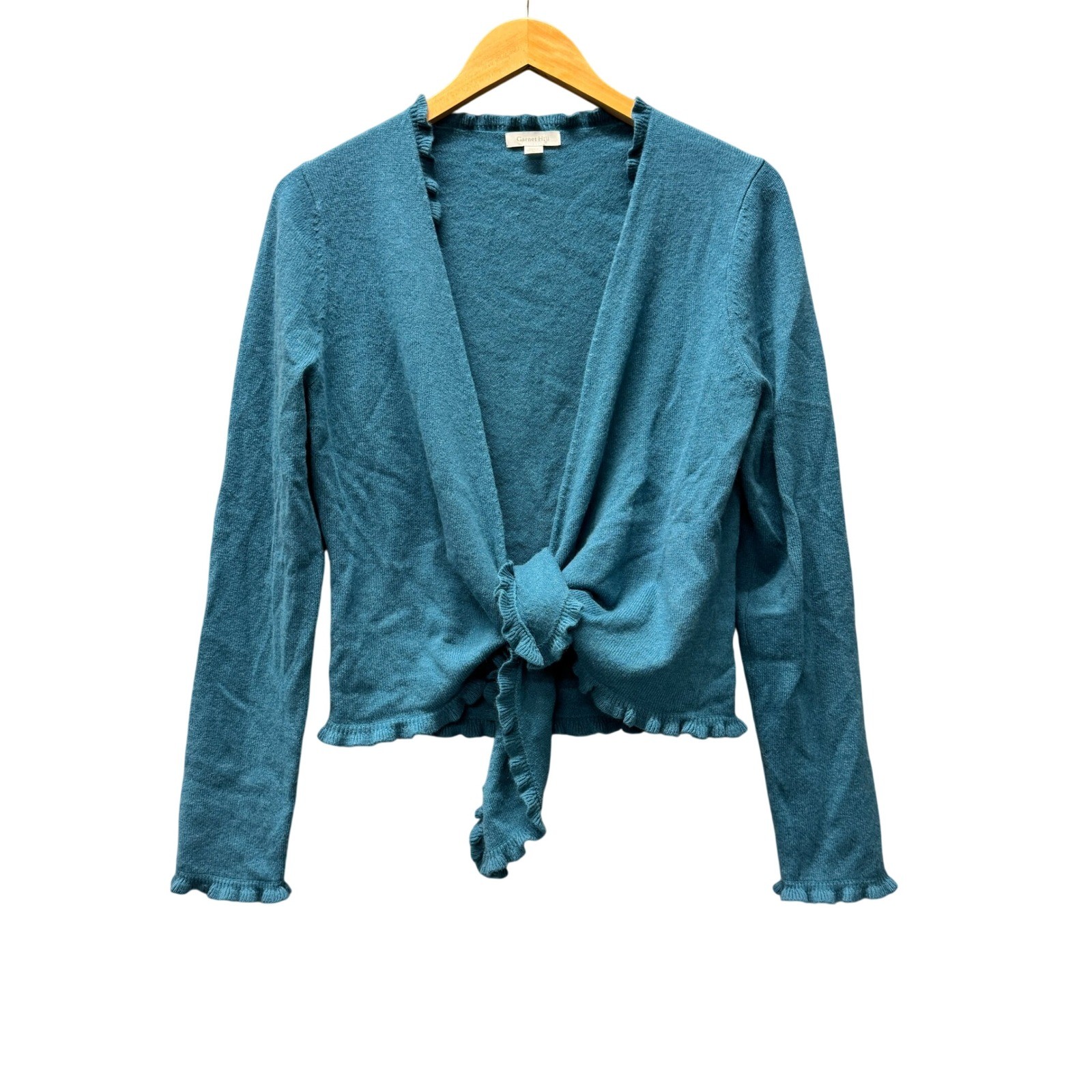 Garnet Hill Cashmere Cardigan Womens Medium Tie Front Ruffle Trim Teal Blue Soft