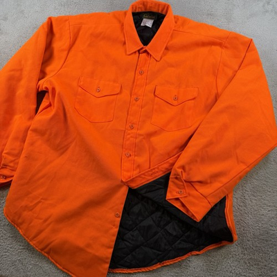 #ad Vintage Cabelas Shacket Men XL Blaze Orange Hunting Quilt Lined Button Shirt USA $34.95