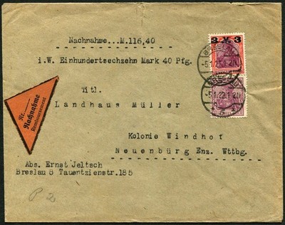 Weimar Germany Silesia Breslau Neuenbürg 1922 Nachnahme Commercial Cover Postage