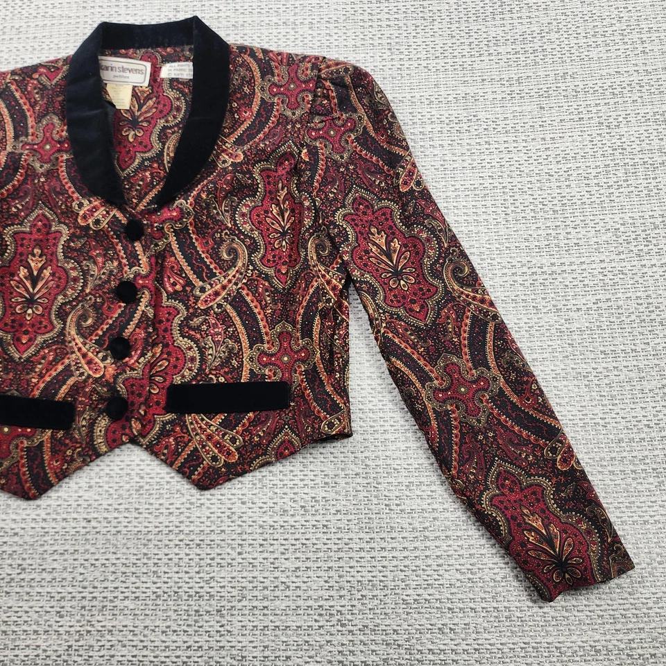 Blazer Karin Stevens Vintage Mujer 8 Pequeño Rojo Negro Paisley Terciopelo Borde Años 90 Foto 2 de 4