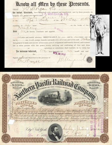 Northern Pacific Railroad Co. with attached document signed by J.P. Morgan Jr. - - 第 1/1 張圖片