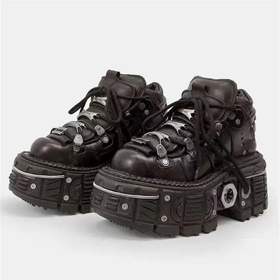 Men Couple Punk Gothic Shoes High Heel Metal Decoration Motorcycle Walking Boots