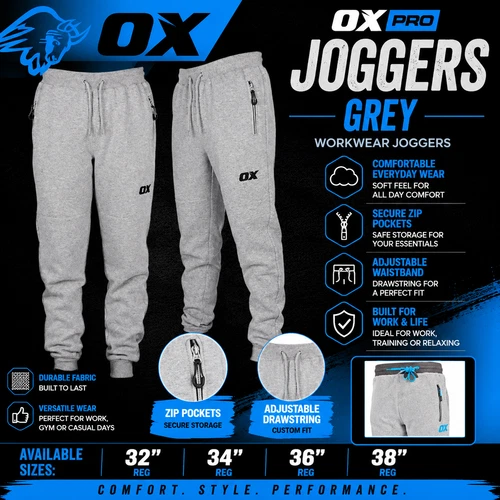 OX Tools Grey Joggers Workwear Trousers Tracksuit Bottoms 32-38 Reg