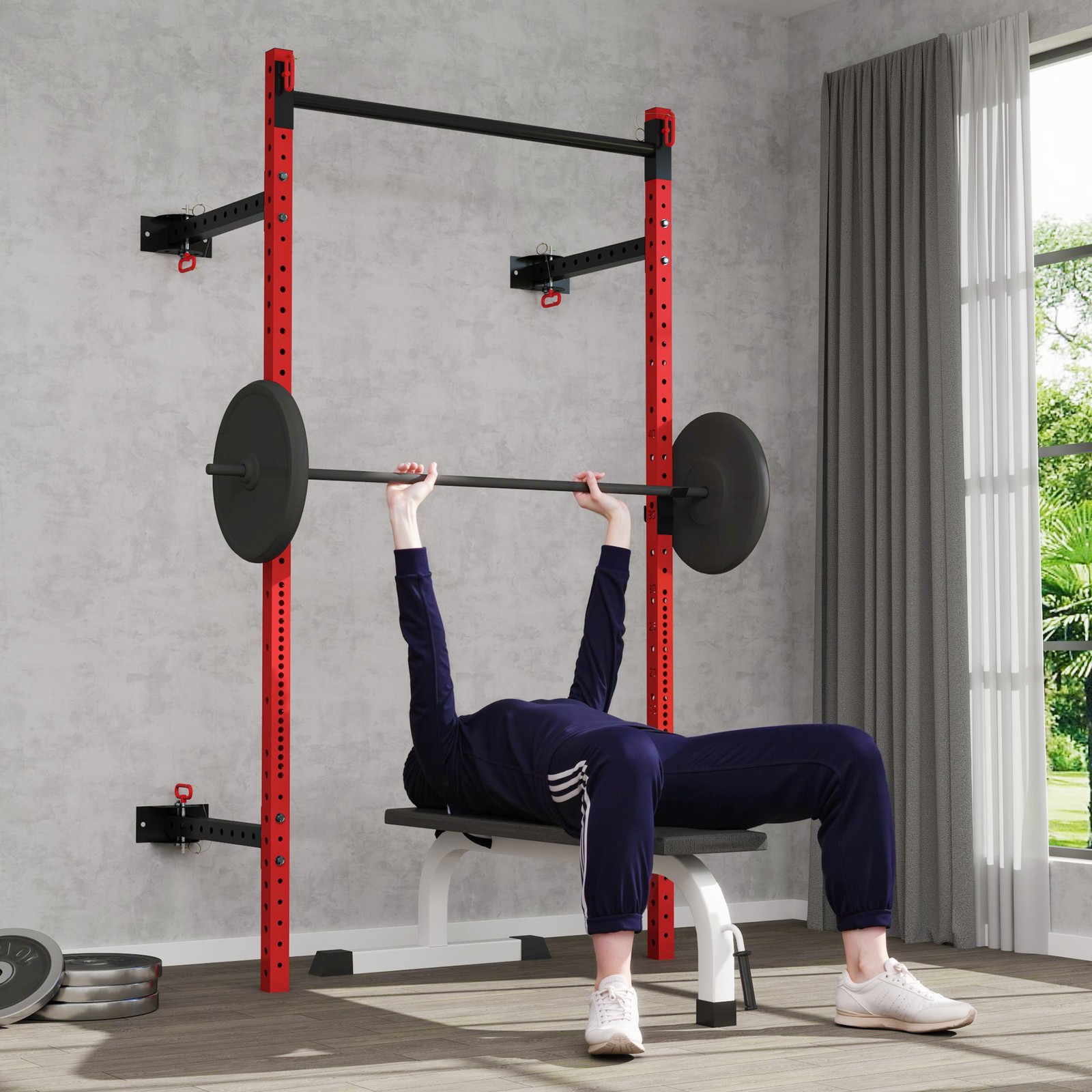Soozier Folding Squat Rack with Pull Up Bar, 1000 Pounds Capacity, Red