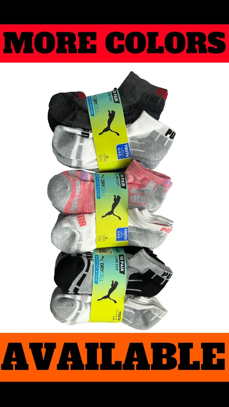 Puma 10 pair low cut moisture wicking arch support socks for Kids/Youth BOY GIRL